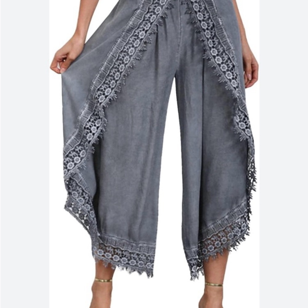Simply Couture Gray Lace Trim Wide-Leg Pants